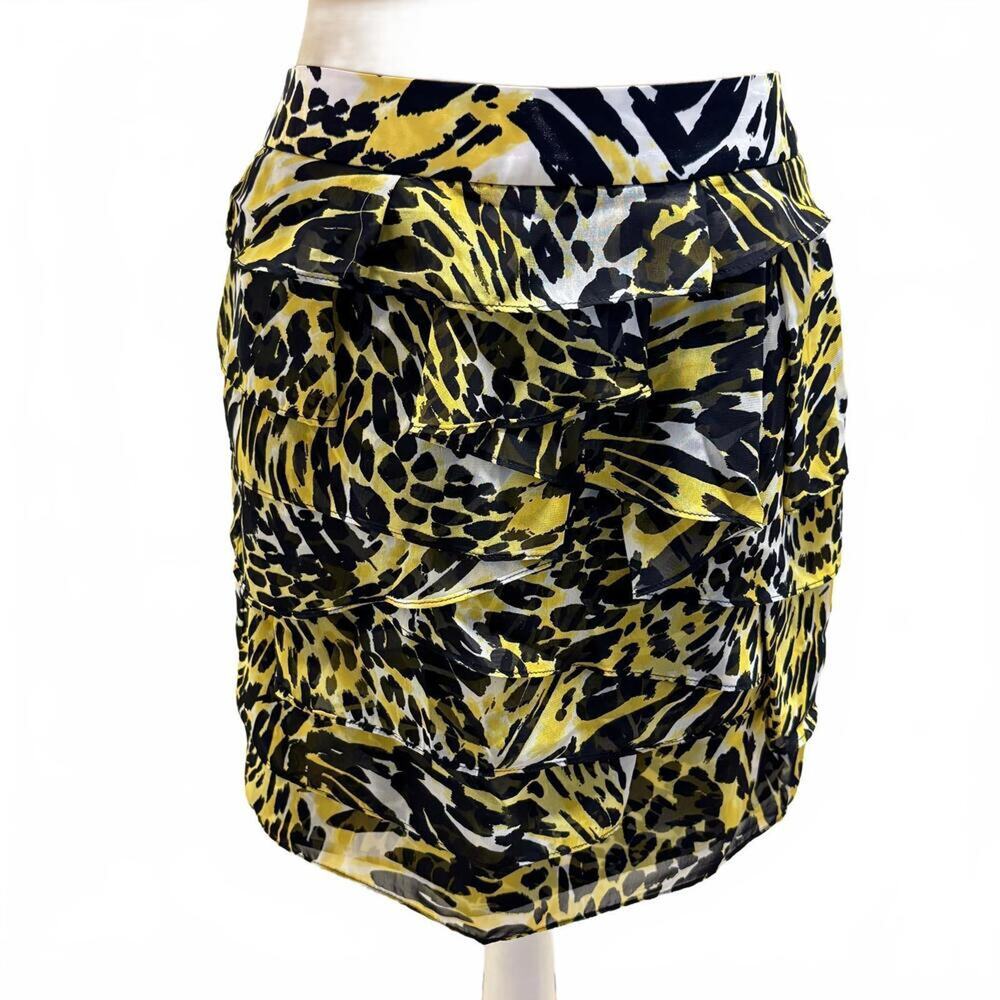 Vintage Y2K CACHE Satin Ruffled Tiered Skirt Abstract Art Animal Print Glam 0